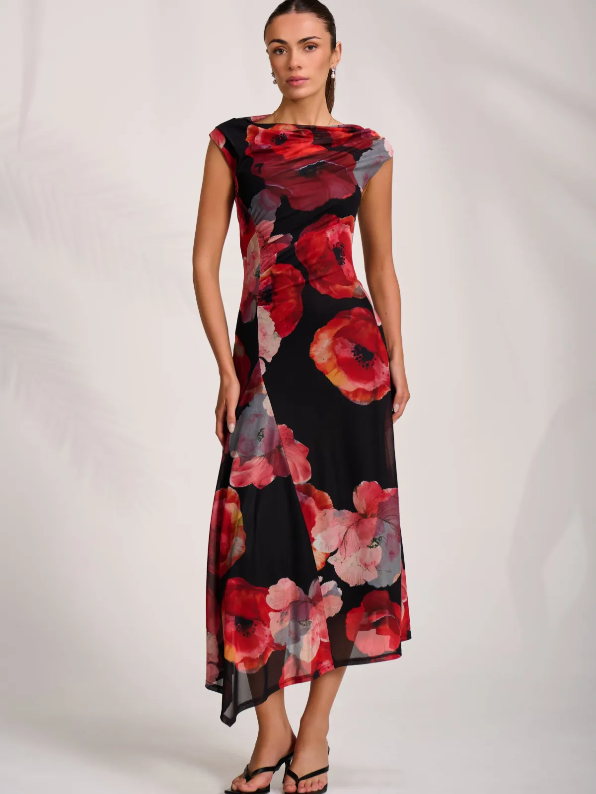 Jolie Moi Wedding Guest|Wedding Guest-Asymmetric Draped Mesh Midaxi Dress, Red Floral