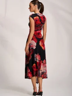 Jolie Moi Wedding Guest|Wedding Guest-Asymmetric Draped Mesh Midaxi Dress, Red Floral