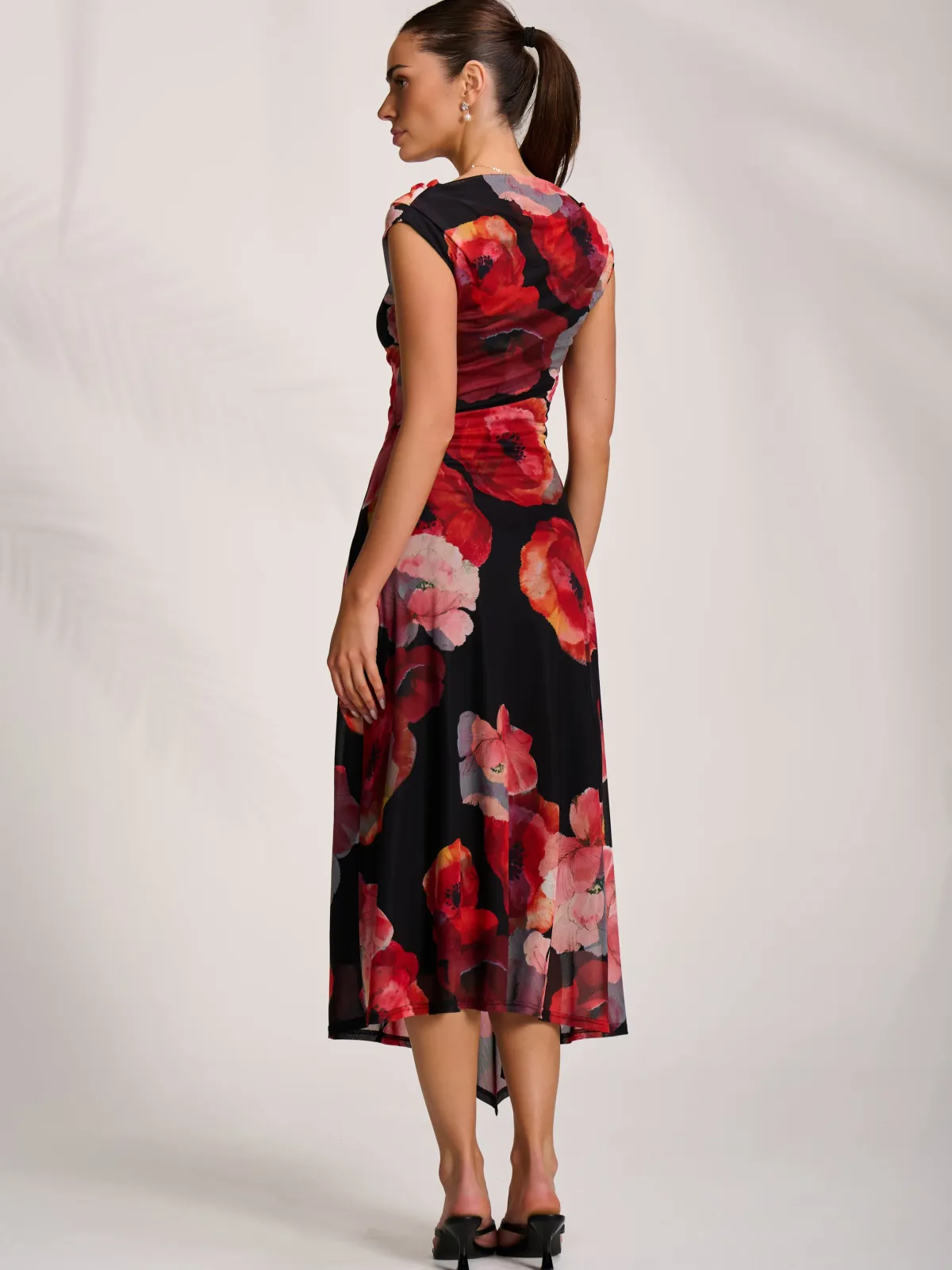 Jolie Moi Wedding Guest|Wedding Guest-Asymmetric Draped Mesh Midaxi Dress, Red Floral