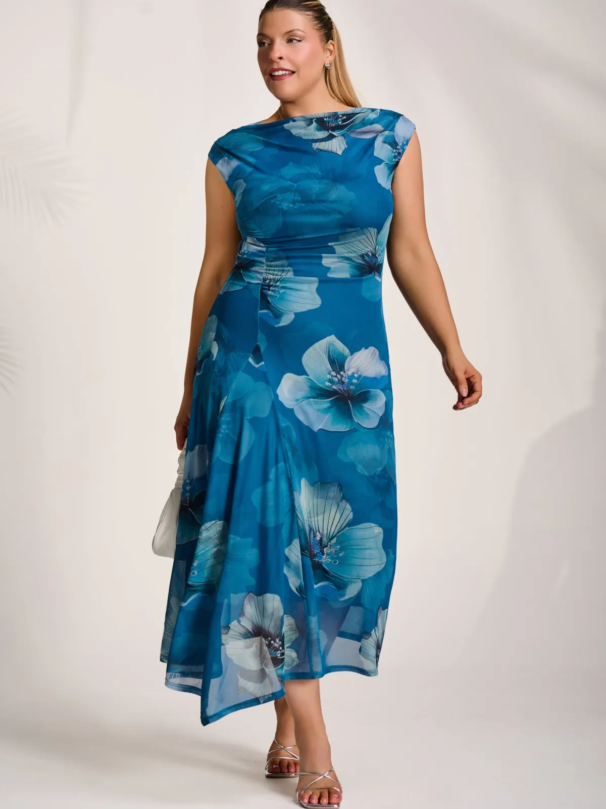 Jolie Moi Wedding Guest|Wedding Guest-Asymmetric Draped Mesh Midaxi Dress, Teal Floral