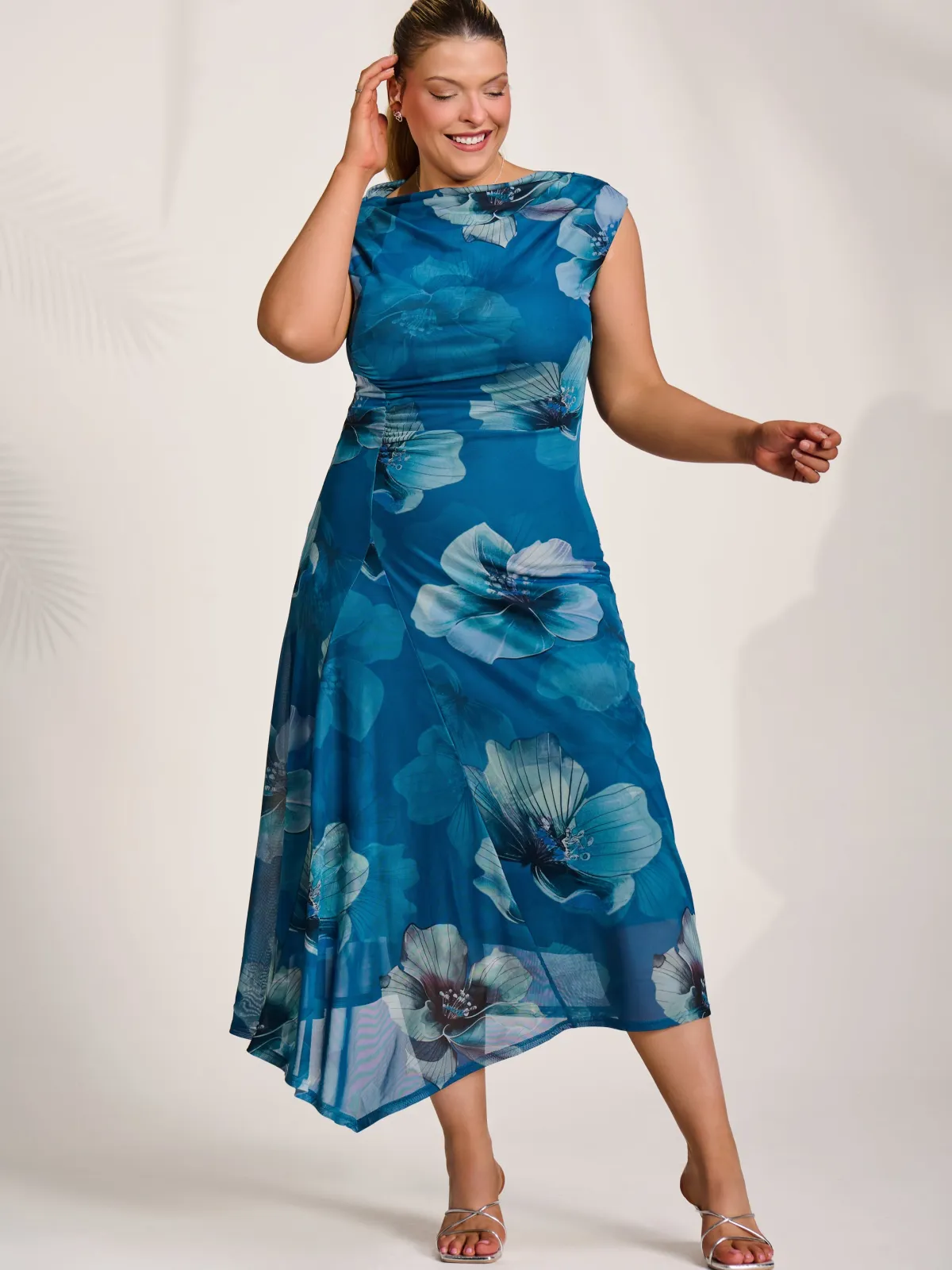Jolie Moi Wedding Guest|Wedding Guest-Asymmetric Draped Mesh Midaxi Dress, Teal Floral
