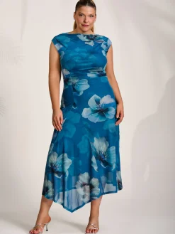 Jolie Moi Wedding Guest|Wedding Guest-Asymmetric Draped Mesh Midaxi Dress, Teal Floral
