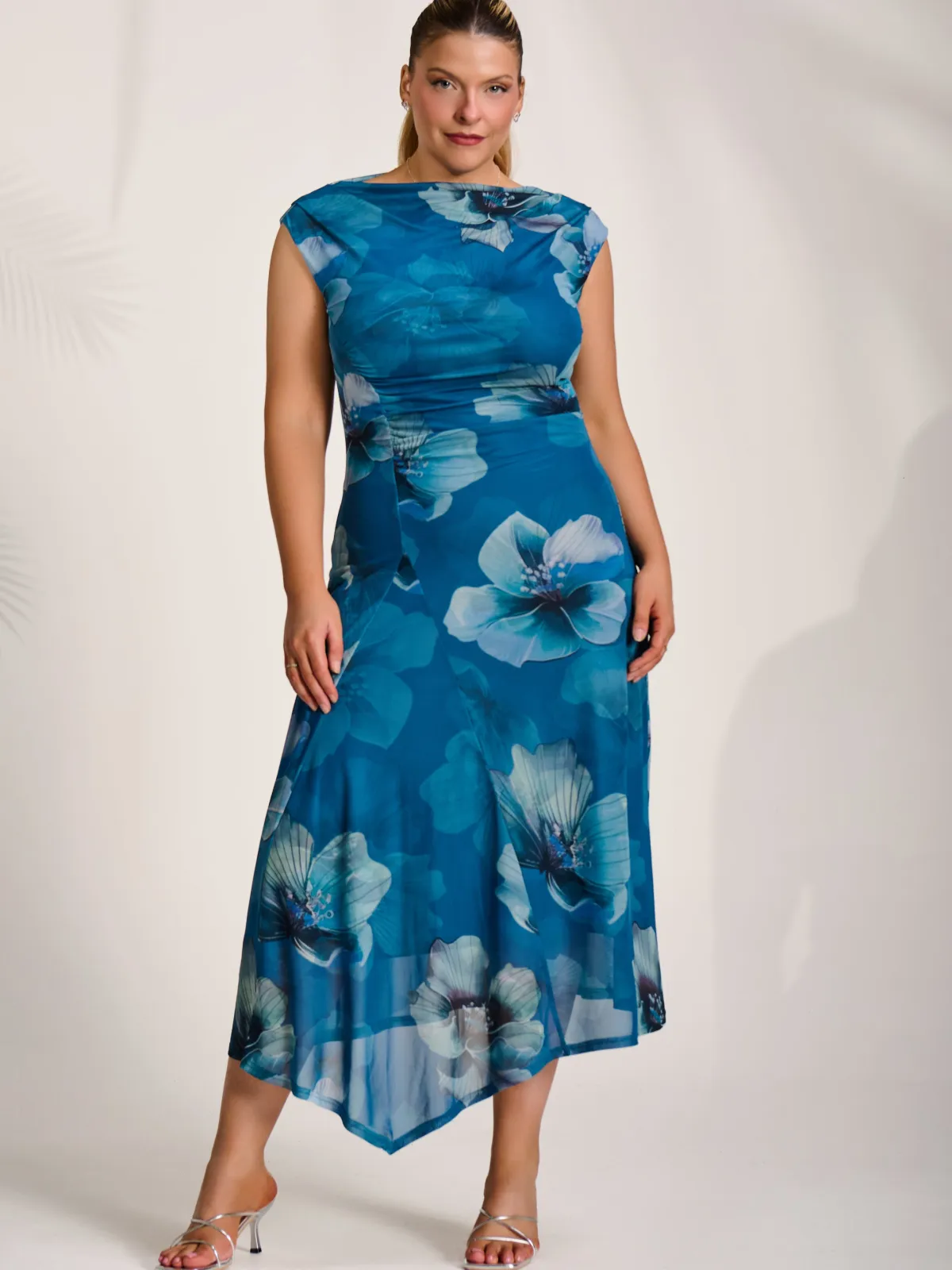 Jolie Moi Wedding Guest|Wedding Guest-Asymmetric Draped Mesh Midaxi Dress, Teal Floral