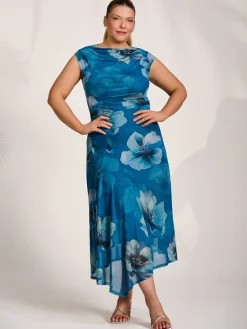 Jolie Moi Wedding Guest|Wedding Guest-Asymmetric Draped Mesh Midaxi Dress, Teal Floral