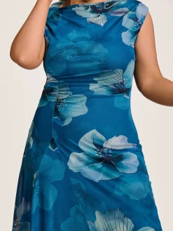 Jolie Moi Wedding Guest|Wedding Guest-Asymmetric Draped Mesh Midaxi Dress, Teal Floral