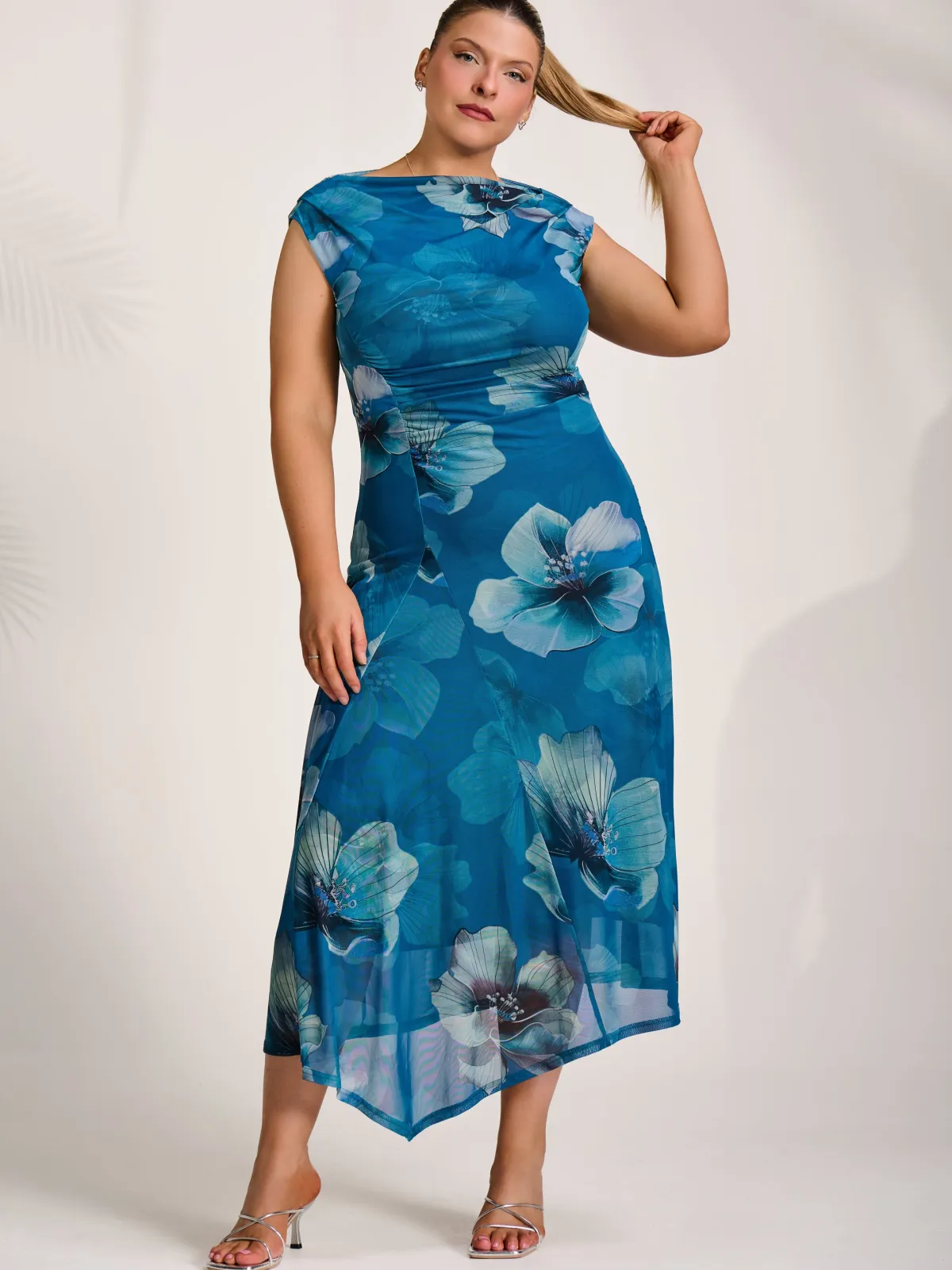 Jolie Moi Wedding Guest|Wedding Guest-Asymmetric Draped Mesh Midaxi Dress, Teal Floral