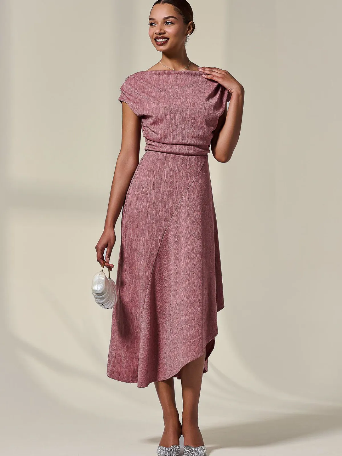 Jolie Moi Occasion Dresses|Party Dresses-Asymmetric Draped Midi Dress, Rosewood
