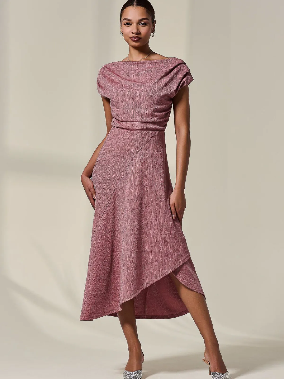 Jolie Moi Occasion Dresses|Party Dresses-Asymmetric Draped Midi Dress, Rosewood