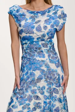 Jolie Moi Occasion Dresses|Floral Dresses-Asymmetric Draped Print Lace Maxi Dress, Blue Floral