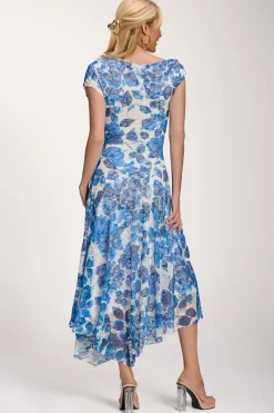 Jolie Moi Occasion Dresses|Floral Dresses-Asymmetric Draped Print Lace Maxi Dress, Blue Floral