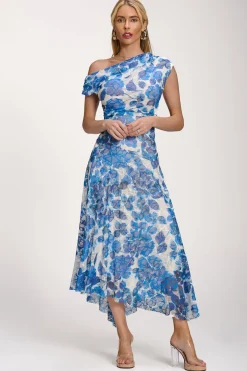 Jolie Moi Occasion Dresses|Floral Dresses-Asymmetric Draped Print Lace Maxi Dress, Blue Floral