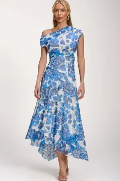 Jolie Moi Occasion Dresses|Floral Dresses-Asymmetric Draped Print Lace Maxi Dress, Blue Floral