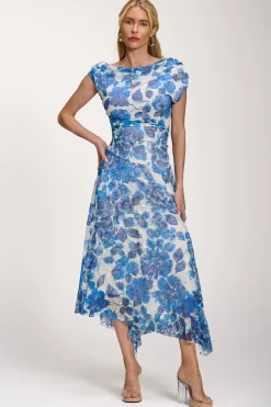 Jolie Moi Occasion Dresses|Floral Dresses-Asymmetric Draped Print Lace Maxi Dress, Blue Floral