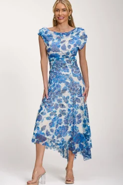 Jolie Moi Occasion Dresses|Floral Dresses-Asymmetric Draped Print Lace Maxi Dress, Blue Floral