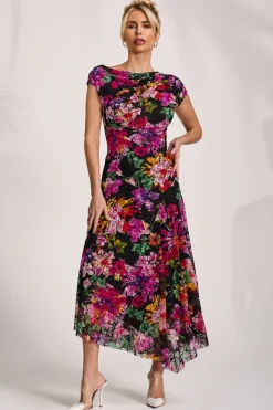 Jolie Moi Occasion Dresses|Floral Dresses-Asymmetric Draped Print Lace Maxi Dress, Floral Multi