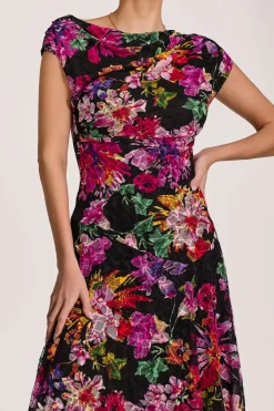 Jolie Moi Occasion Dresses|Floral Dresses-Asymmetric Draped Print Lace Maxi Dress, Floral Multi