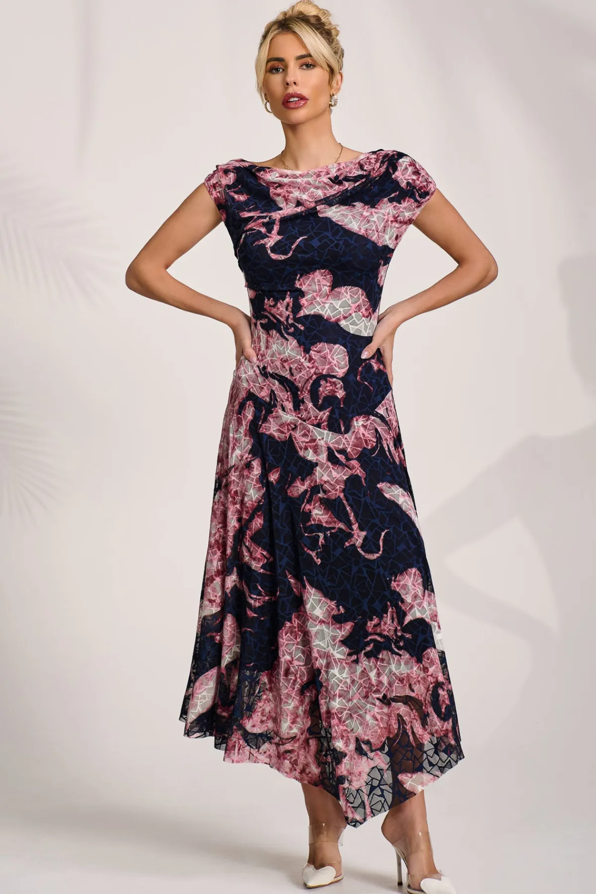 Jolie Moi Occasion Dresses|Sleeveless Dresses-Asymmetric Draped Print Lace Maxi Dress, Pink Abstract