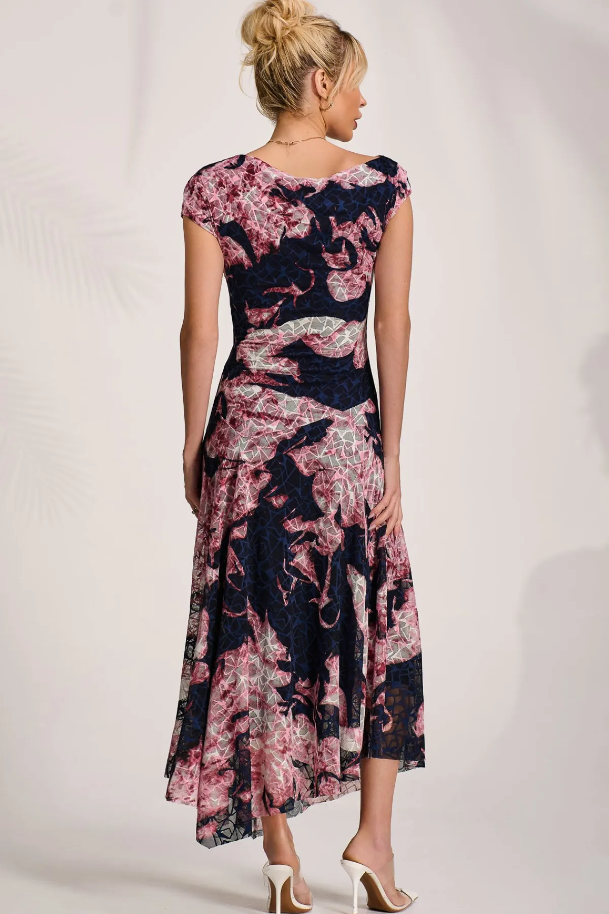 Jolie Moi Occasion Dresses|Sleeveless Dresses-Asymmetric Draped Print Lace Maxi Dress, Pink Abstract