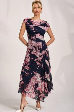 Jolie Moi Occasion Dresses|Sleeveless Dresses-Asymmetric Draped Print Lace Maxi Dress, Pink Abstract