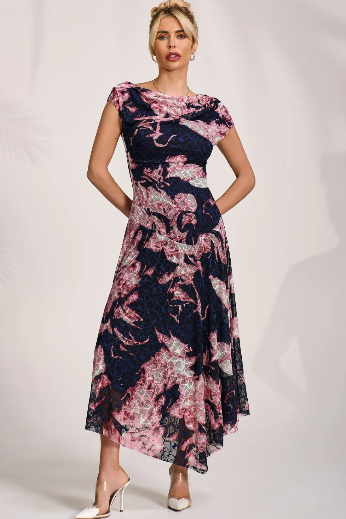 Jolie Moi Occasion Dresses|Sleeveless Dresses-Asymmetric Draped Print Lace Maxi Dress, Pink Abstract