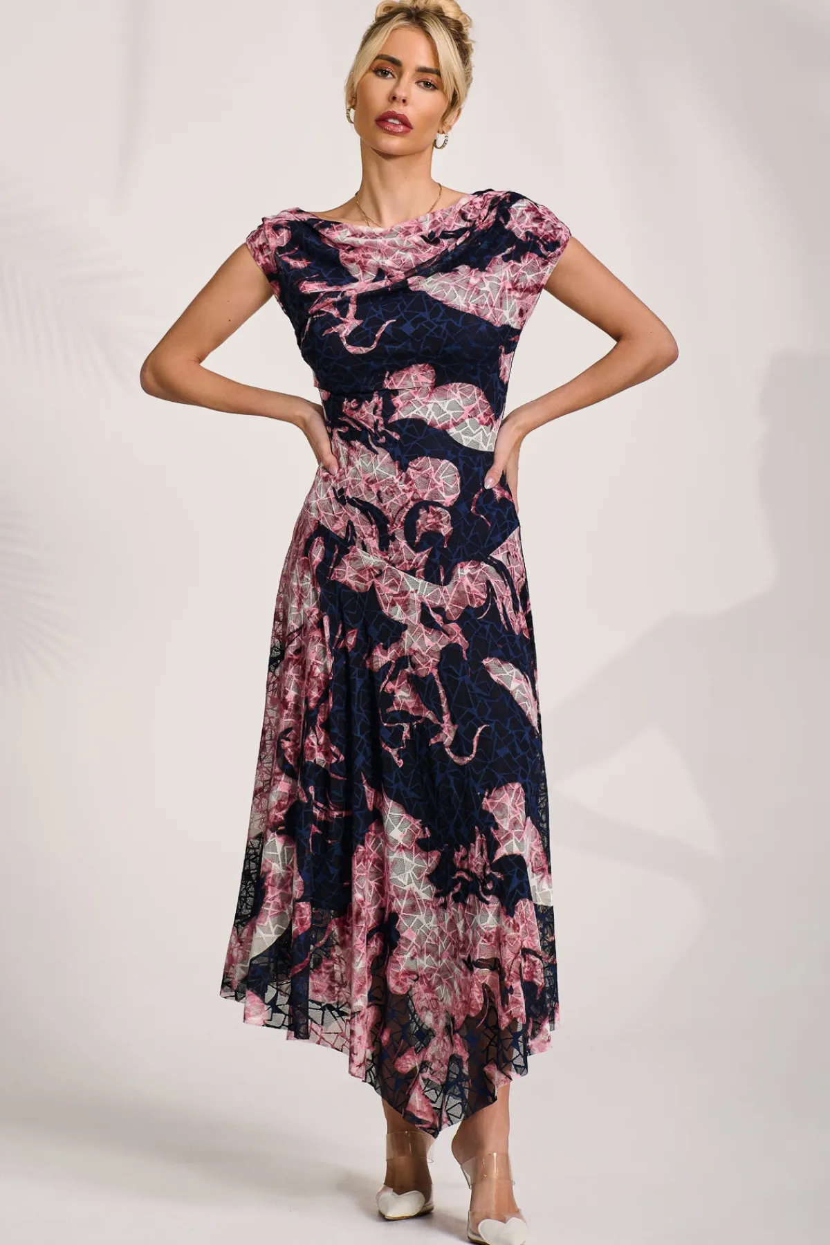 Jolie Moi Occasion Dresses|Sleeveless Dresses-Asymmetric Draped Print Lace Maxi Dress, Pink Abstract