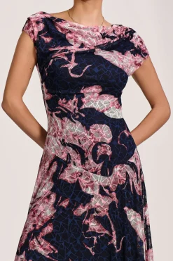Jolie Moi Occasion Dresses|Sleeveless Dresses-Asymmetric Draped Print Lace Maxi Dress, Pink Abstract