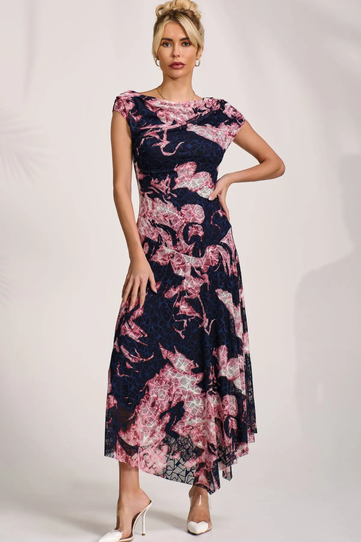 Jolie Moi Occasion Dresses|Sleeveless Dresses-Asymmetric Draped Print Lace Maxi Dress, Pink Abstract