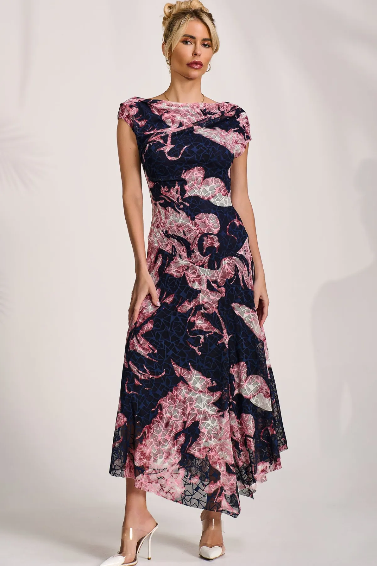 Jolie Moi Occasion Dresses|Sleeveless Dresses-Asymmetric Draped Print Lace Maxi Dress, Pink Abstract