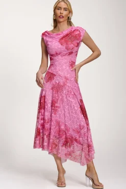 Jolie Moi Floral Dresses|Signature Lace-Asymmetric Draped Print Lace Maxi Dress, Pink Floral