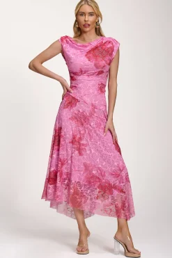 Jolie Moi Floral Dresses|Signature Lace-Asymmetric Draped Print Lace Maxi Dress, Pink Floral