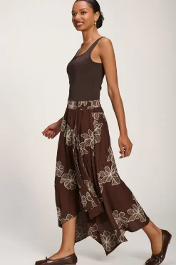 Jolie Moi Skirts-Asymmetric Embroidered Midi Skirt, Cocoa Brown