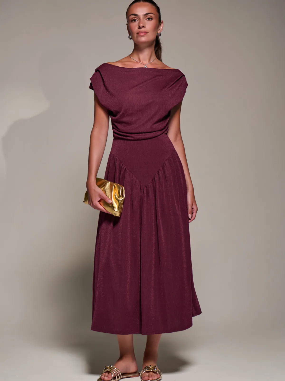 Jolie Moi Occasion Dresses|Maxi Dresses-Asymmetric Neckline Midaxi Dress, Burgundy