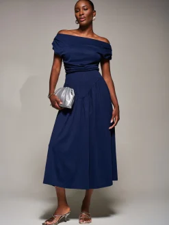 Jolie Moi Occasion Dresses|Maxi Dresses-Asymmetric Neckline Midaxi Dress, Navy