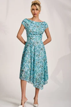 Jolie Moi Occasion Dresses|Weekend Casuals-Asymmetric Printed Lace Draped Dress, Blue Abstract