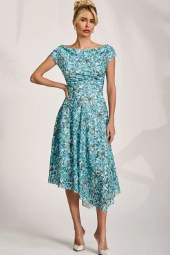 Jolie Moi Occasion Dresses|Weekend Casuals-Asymmetric Printed Lace Draped Dress, Blue Abstract