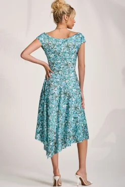 Jolie Moi Occasion Dresses|Weekend Casuals-Asymmetric Printed Lace Draped Dress, Blue Abstract