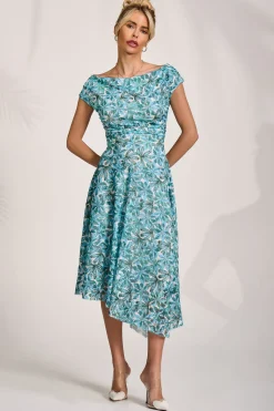Jolie Moi Occasion Dresses|Weekend Casuals-Asymmetric Printed Lace Draped Dress, Blue Abstract