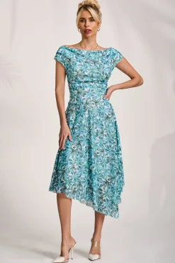 Jolie Moi Occasion Dresses|Weekend Casuals-Asymmetric Printed Lace Draped Dress, Blue Abstract