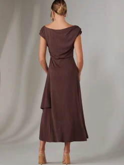 Jolie Moi Occasion Dresses|Race Day Dresses-Asymmmetric Draped Midi Dress, Brown
