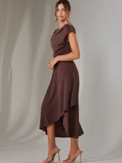 Jolie Moi Occasion Dresses|Race Day Dresses-Asymmmetric Draped Midi Dress, Brown