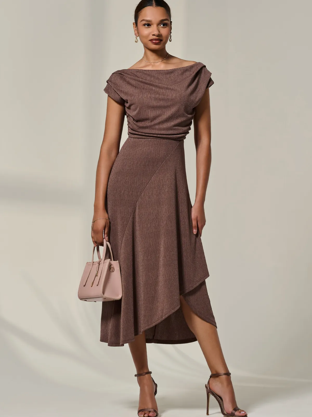 Jolie Moi Occasion Dresses|Sleeveless Dresses-Asymmmetric Draped Midi Dress, Chocolate
