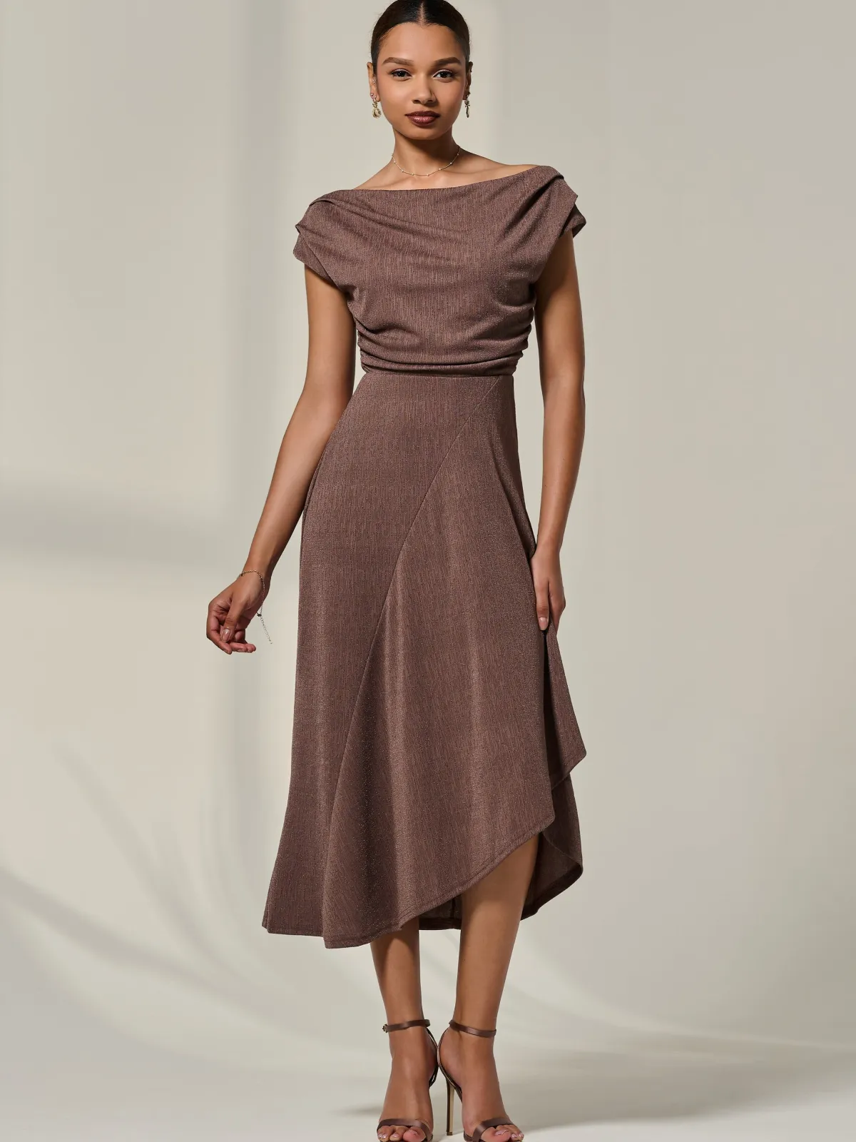Jolie Moi Occasion Dresses|Sleeveless Dresses-Asymmmetric Draped Midi Dress, Chocolate
