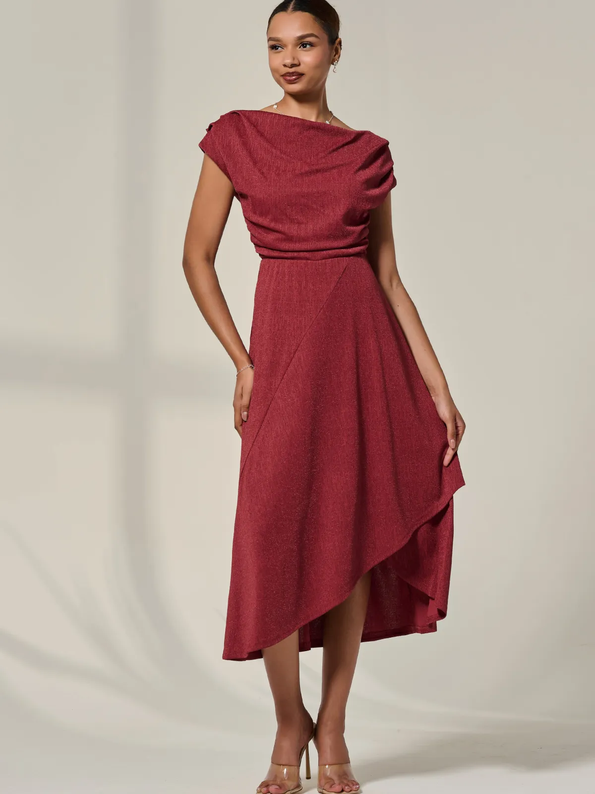 Jolie Moi Occasion Dresses|Sleeveless Dresses-Asymmmetric Draped Midi Dress, Terracotta