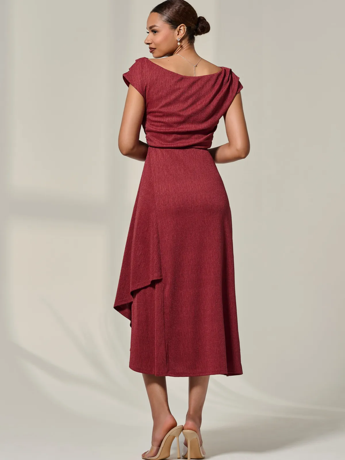 Jolie Moi Occasion Dresses|Sleeveless Dresses-Asymmmetric Draped Midi Dress, Terracotta