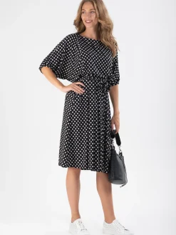 Jolie Moi Jersey Dresses-Batwing Spotty Jersey Dress, Navy Polka Dot