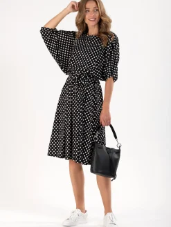 Jolie Moi Jersey Dresses-Batwing Spotty Jersey Dress, Navy Polka Dot