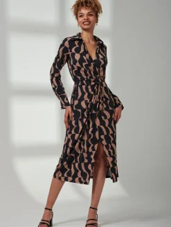 Jolie Moi Occasion Dresses|Shirt Dresses-Becca Long Sleeve Jersey Shirt Dress, Brown Pattern