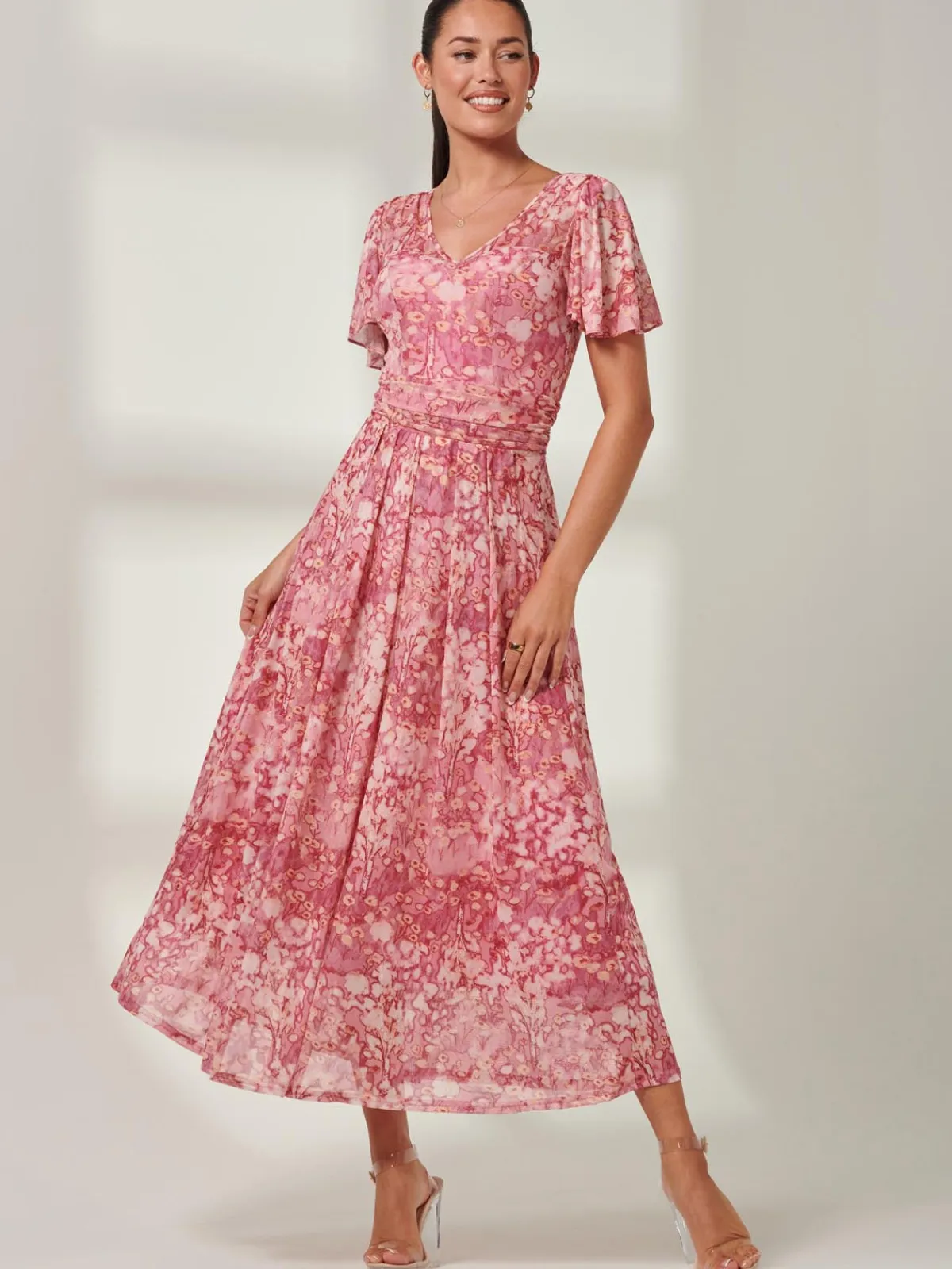 Jolie Moi Occasion Dresses|Floral Dresses-Bianca V-Neck Pleated Mesh Maxi Dress, Red Abstract