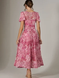 Jolie Moi Occasion Dresses|Floral Dresses-Bianca V-Neck Pleated Mesh Maxi Dress, Red Abstract