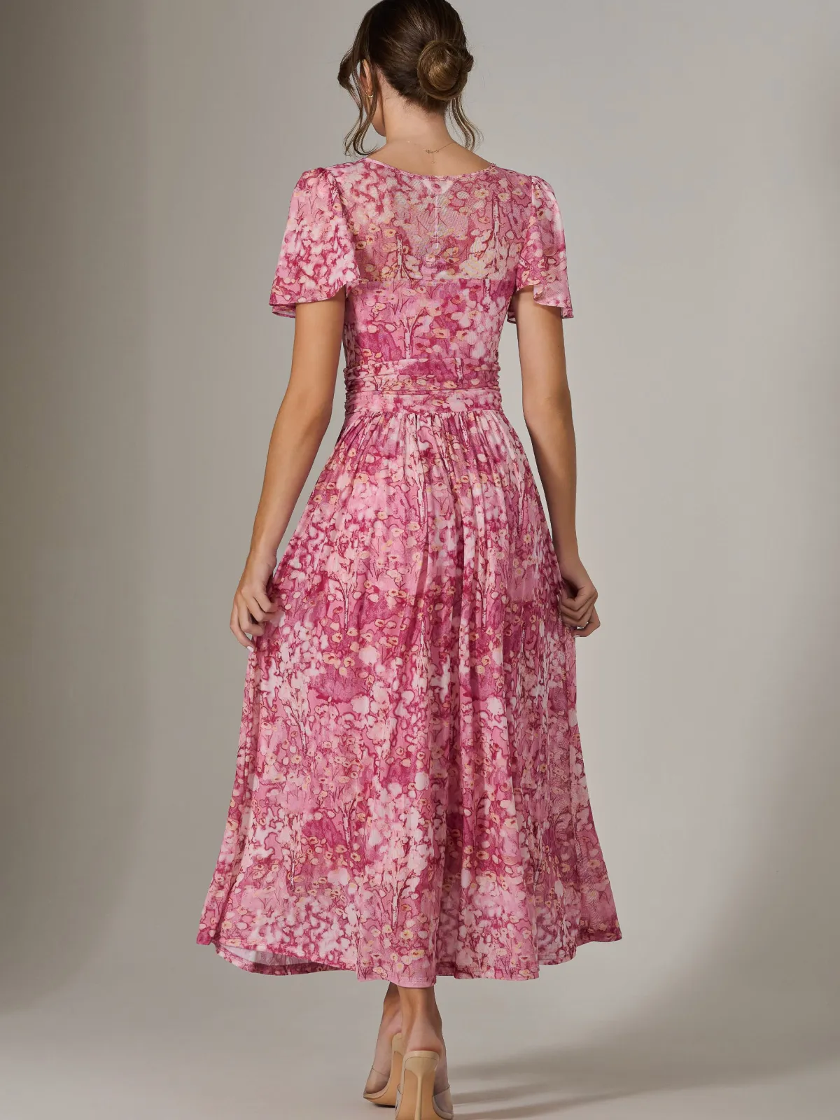 Jolie Moi Occasion Dresses|Floral Dresses-Bianca V-Neck Pleated Mesh Maxi Dress, Red Abstract